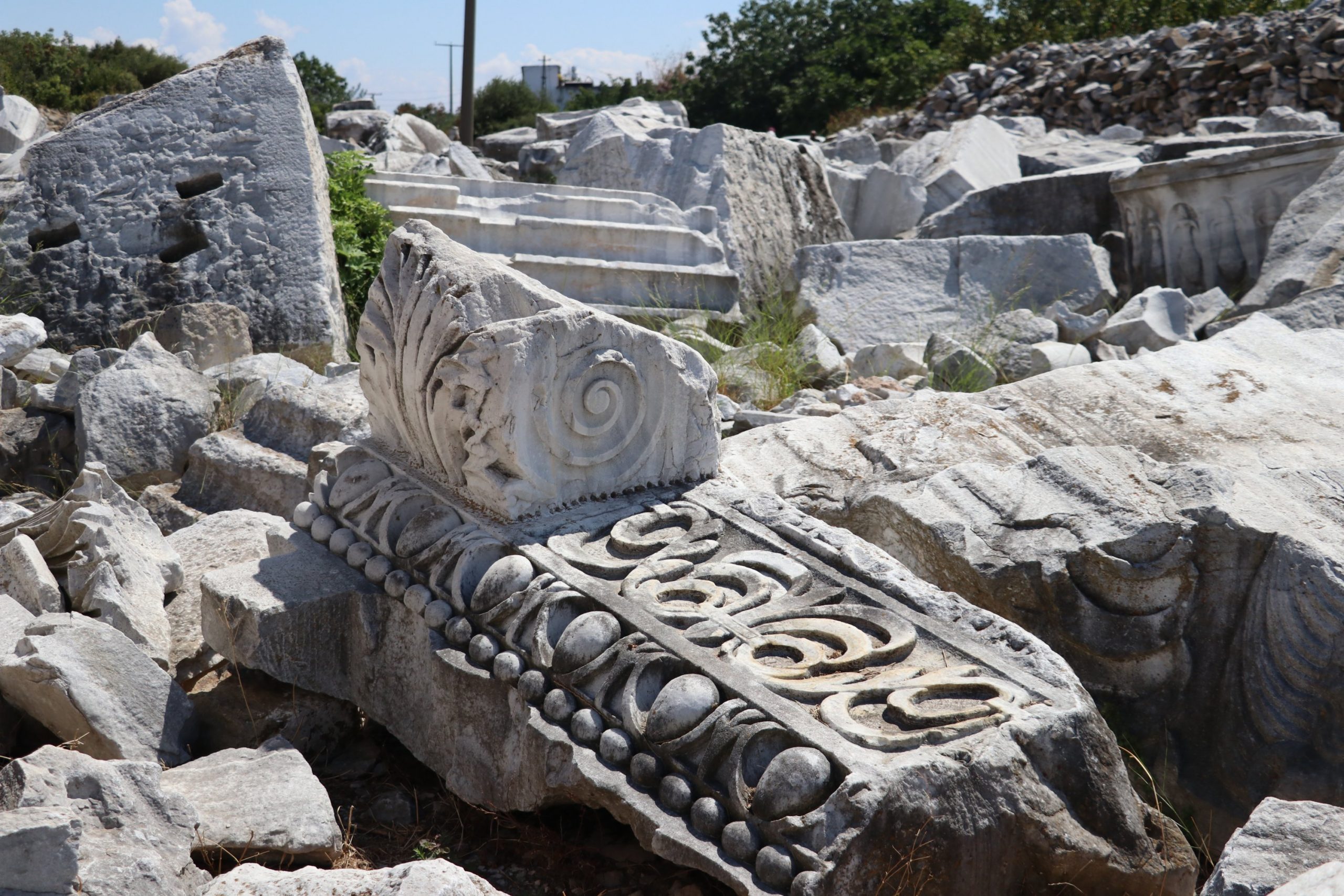 A stone part of the relief arch of the temple founded at the excavation site, Balıkesir province, western Turkey, Sept. 2, 2020. (AA PHOTO)