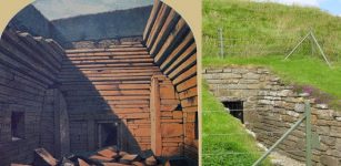 Left: Maeshowe soon after opening in 1861; Right: Maeshowe Entrance