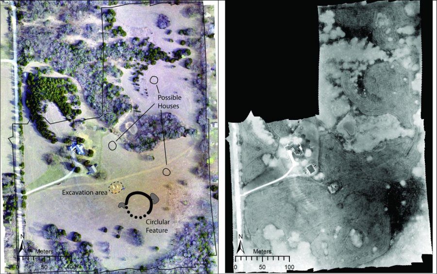 Left: Drone-acquired orthoimage of the site showing major features discussed in the paper. Right: Thermal images mosaic collected from 11:15 pm-12:15 am. (Images from Figure 6 of the study). Credit: by Jesse Casana, Elise Jakoby Laugier, and Austin Chad Hill.