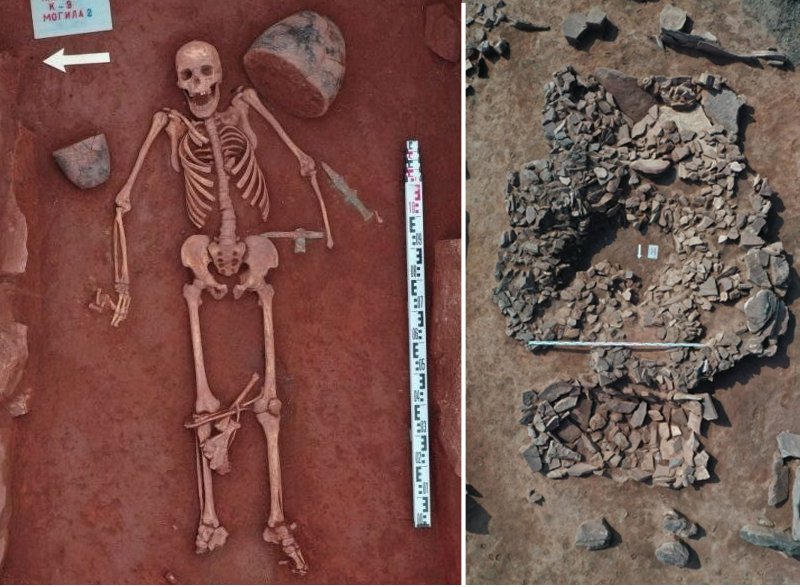 Individual burial of a warrior; The central part of the mound and the preserved part of the enclosure.