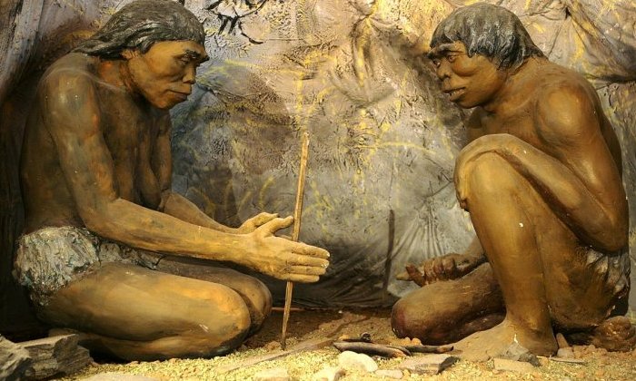 A diorama showing Homo erectus, the earliest human species that is known to have controlled fire, from inside the National Museum of Mongolian History in Ulaanbaatar, Mongolia.