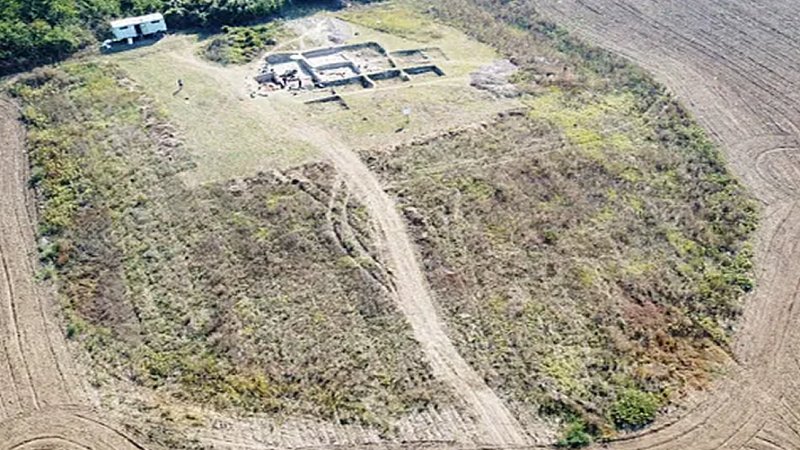 An aerial view of the Bazovets Settlement Mound, a 7,000-year-old prehistoric settlement in Northeast Bulgaria close to the Danube River. Photo: Ruse Regional Museum of History