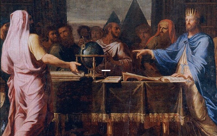 Ptolemy II Philadelphus talking with some of the 72 Jewish savants who translated the Bible for the great library of Alexandria.