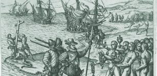 This Eurocentric engraving by Theodore de Bry in 1592 formed part of his America Series and showed Christopher Columbus landing on the Caribbean island of Hispaniola in 1492. De Bry published 25 books based on firsthand observations by explorers but never visited the New World. In this image we can see how he shows Columbus in a position of power and control. His books became famous and greatly influenced the European perception of the New World, Africa and Asia.