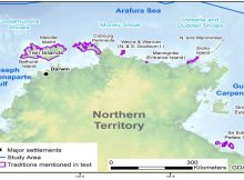 Locations of oral traditions with possible connections to sea-level change recounted by Aboriginal communities in the Northern Territory. Credit: Dr John MccArthy in Australian Archaeology. Topography and bathymetry from the SRTM30-plus v 8.0 via the eAtlas service, CC BY 4.0