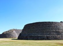 View of the yácata pyramids from the south end