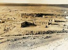 The cliff south of the site, as documented by the first expedition to Lachish. The photo was taken from site in 1932, with the Assyrian ramp shown as the whitish area in the lower right corner