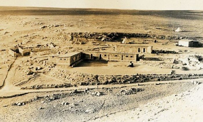 The cliff south of the site, as documented by the first expedition to Lachish. The photo was taken from site in 1932, with the Assyrian ramp shown as the whitish area in the lower right corner