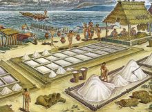 Reconstruction of a town dedicated to the production of salt. Drawing: Raúl Velázquez Olivera / Raíces