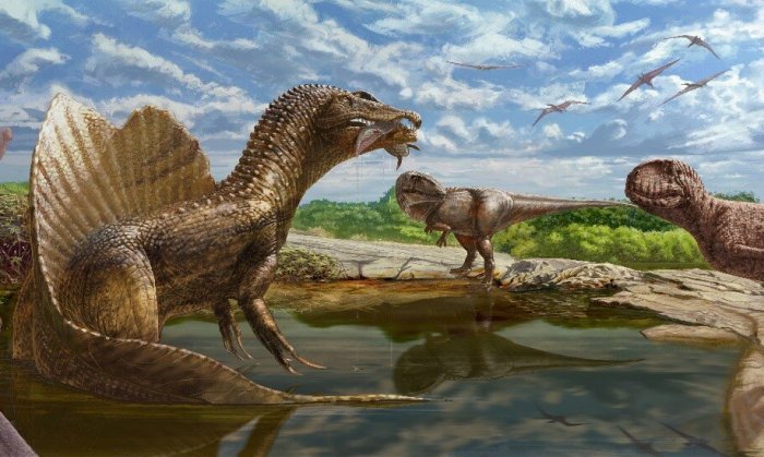 Reconstruction of the ecosystem of the Bahariya Oasis in the Sahara Desert of Egypt approximately 98 million years ago, showing the diversity of large theropods (predatory dinosaurs). The newly discovered, as-yet unnamed abelisaurid (right) confronts Spinosaurus (left center, with fish in jaws) and Carcharodontosaurus (right center). In the background, a herd of the sauropod (giant, long-necked herbivorous dinosaur) Paralititan (left) warily regards these predators, while a flock of a still-unnamed pterosaur (flying reptile) soars above. Credit: Andrew McAfee, Carnegie Museum of Natural History