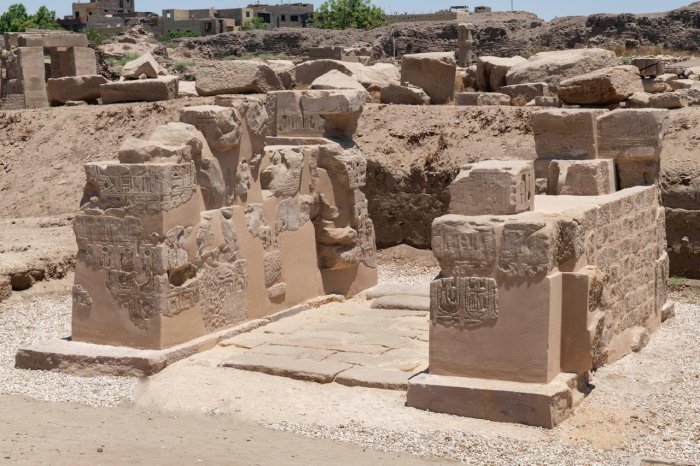 Rare Stone Stela Of Emperor Tiberius Standing Before The Theban Triad, Unearthed During Restoration Of The Gate Of Ramses III at Karnak, Egypt Rare Stone Stela Of Emperor Tiberius Standing Before The Theban Triad, Unearthed During Restoration Of The Gate Of Ramses III at Karnak, Egypt