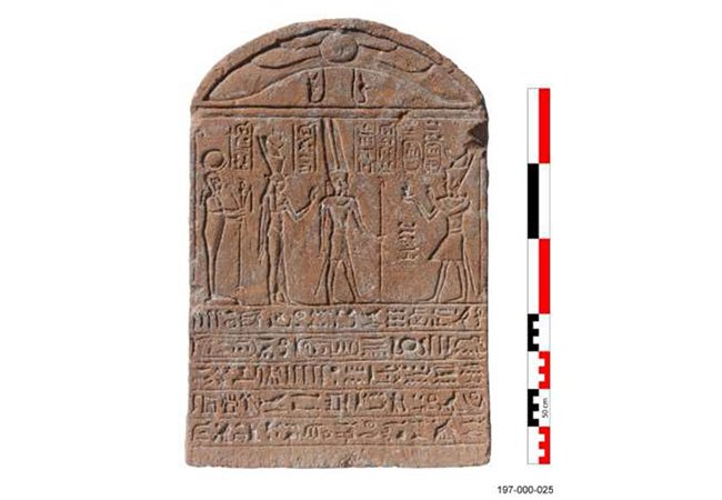 Rare Stone Stela Of Emperor Tiberius Standing Before The Theban Triad, Unearthed During Restoration Of The Gate Of Ramses III at Karnak, Egypt Rare Stone Stela Of Emperor Tiberius Standing Before The Theban Triad, Unearthed During Restoration Of The Gate Of Ramses III at Karnak, Egypt