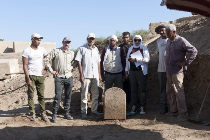 Rare Stone Stela Of Emperor Tiberius Standing Before The Theban Triad, Unearthed During Restoration Of The Gate Of Ramses III at Karnak, Egypt Rare Stone Stela Of Emperor Tiberius Standing Before The Theban Triad, Unearthed During Restoration Of The Gate Of Ramses III at Karnak, Egypt